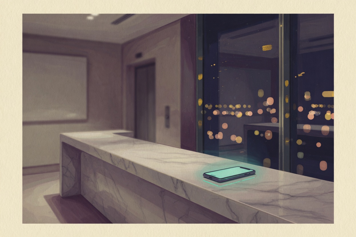 Illustration of a quiet reception desk at night with a glowing phone